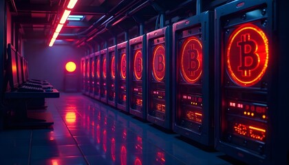 A futuristic mining farm with powerful GPU rigs mining Bitcoin, neon-lit cyber environment