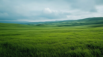 Fototapeta premium Expansive Landscape Featuring a Vibrant Green Grass Field, Surrounded by Wide Open Space, Perfect for Text Addition copy space