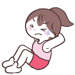 	汗をかきつつ腹筋で体を起こす女性イラスト