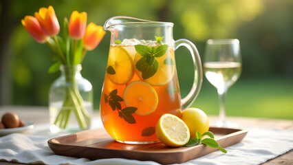 Iced tea with lemon and mint, served in a glass pitcher. A linen tablecloth, tulips, and sparkling water create a refreshing and elegant summer beverage setting.