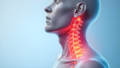 Illustration of the human body focusing on the neck skeleton, highlighting pain caused by cervical spondylosis, herniated disc, or muscle strain