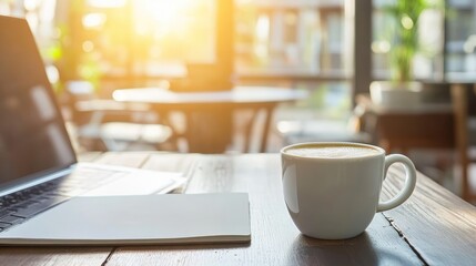 A serene morning scene featuring a cup of coffee beside a laptop on a wooden table in a sunlit café