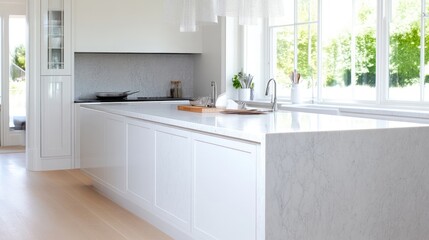 Bright, modern kitchen with white cabinets and a large marble countertop