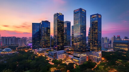 Stunning cityscape at twilight, featuring modern skyscrapers, lush greenery, and illuminated city lights