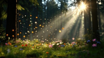 Sunlight streams through forest, illuminating vibrant wildflowers
