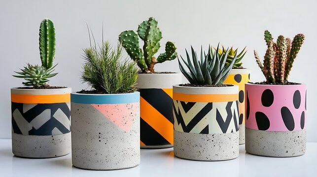 Stylish concrete succulent planters with vibrant patterned bands
