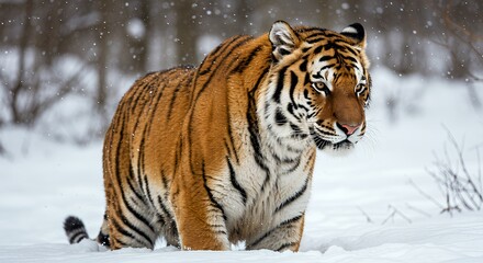 Tiger Walking in Deep Snow During Winter with Forest Backdrop