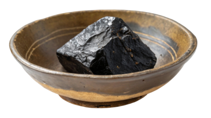 Shilajit powerful energy Madison black stone old traditional Madison bowl  isolated transparent background,shiny, storage, canister