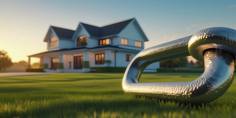 Naklejka premium Symbolic image of a secured home with a large metallic chain in the foreground, representing property security, real estate protection, home insurance, and financial safety