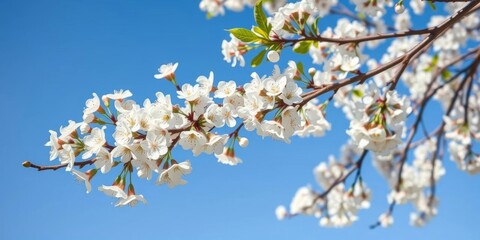 Fototapeta premium Branches laden with white blossoms against a blue sky, flowering tree, spring