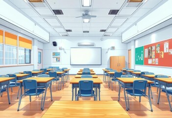 Bright, airy anime-style classroom; desks, chairs neatly arranged, colorful, blue