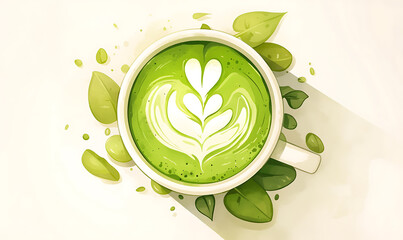Illustration of matcha tea leaves, harvesting, processing, traditional tools, tea ceremonies, matcha beverages, desserts, and green tea plantations on a white background.
