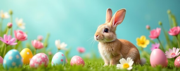 Cheerful Easter bunny with decorated eggs and spring flowers on a vibrant background, bunny, vibrant, festive