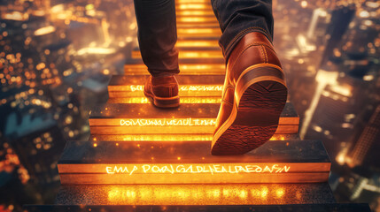 Career Ascension: Milestone-Stamped Staircase Journey Toward Leadership Success