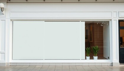 Fototapeta premium Clean white storefront mockup; blank glass windows, modern design, storefront, facade
