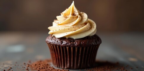 Close-up of a chocolate cupcake with vanilla swirled frosting on top, bakery, dessert
