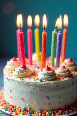 Close-up of a colorful birthday cake with lit candles and sprinkles, celebration, candles
