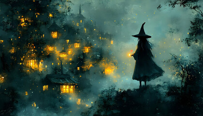 A young witch overlooks a mystical, glowing village nestled in a misty forest at night