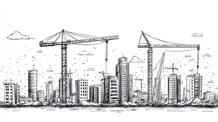 Fototapeta premium Cityscape under construction, hand-drawn sketch, cranes, buildings