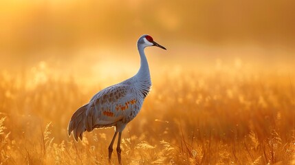 Obraz premium Sandhill crane standing a golden field at sunrise elegant long legs red crowned head soft mist in the background ultra realistic details