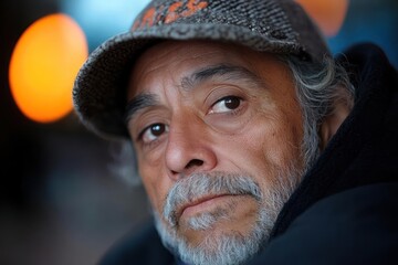 Close Up Portrait of a Pensive Man with Graying Hair and Beard