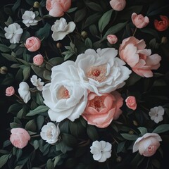 Embroidered Pink and White Peonies on Dark Background