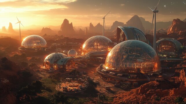 Futuristic desert dome city, sunset, renewable energy