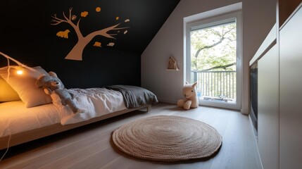 Cozy Child's Bedroom with Tree Wall Art and Natural Light