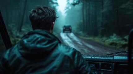 Man Driving Through a Dark Forest on a Rainy Day