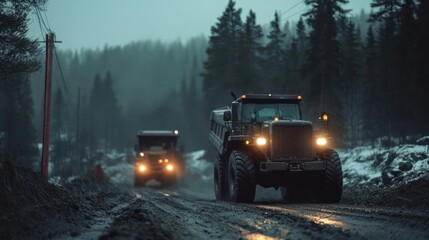Two Trucks on Muddy Road Through Snowy Forest at Dusk