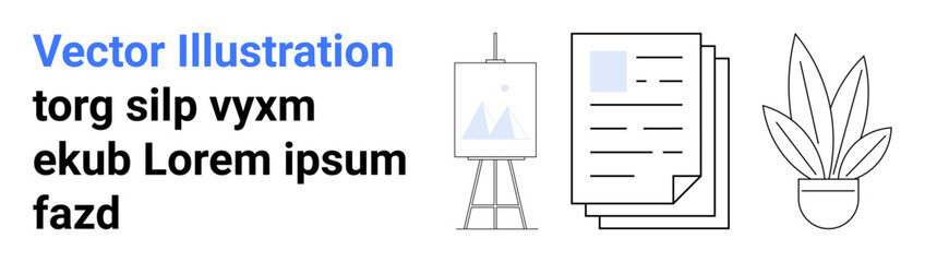 Canvas stand with picture, stack of papers with a highlighted detail, and a leafy potted plant. Ideal for productivity, creativity, workspace design, organization, presentations, planning flat