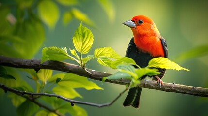 Fototapeta premium Scarlet tanager resting a thin branch bold red and black plumage contrasting against soft green leaves warm diffused natural light perfect wildlife composition