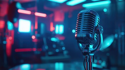 Vintage microphone illuminated by colorful neon lights in a lively music studio setting, capturing a vibrant atmosphere