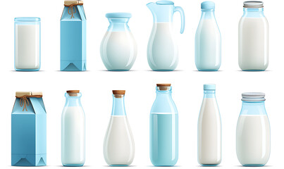 Illustrations of milk production, dairy farming, milk splashes, bottles, cartons, cows, and rustic farm elements, isolated on white background for commercial use.