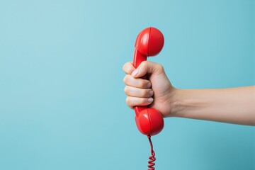 Hand gripping red telephone handset on blue background.
