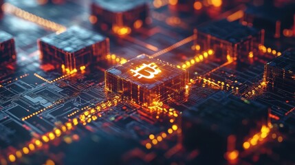 Bitcoin circuit board, glowing, technology, finance, background, cryptocurrency