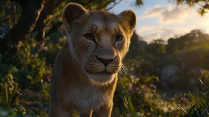Fototapeta premium Close-Up Portrait of a Majestic Lioness in Natural Habitat During Sunset in Africa