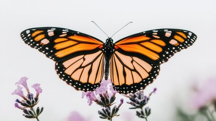 Fototapeta premium Closeup of a Monarch Butterfly Delicately Perched on Purple Flowers in a Natural Setting