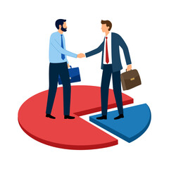 Shareholder or stakeholders, sharing benefit or merger and acquisition, partnership or collaboration, marketshare or agreement concept, businessman handshaking on pie chart to share profit together.