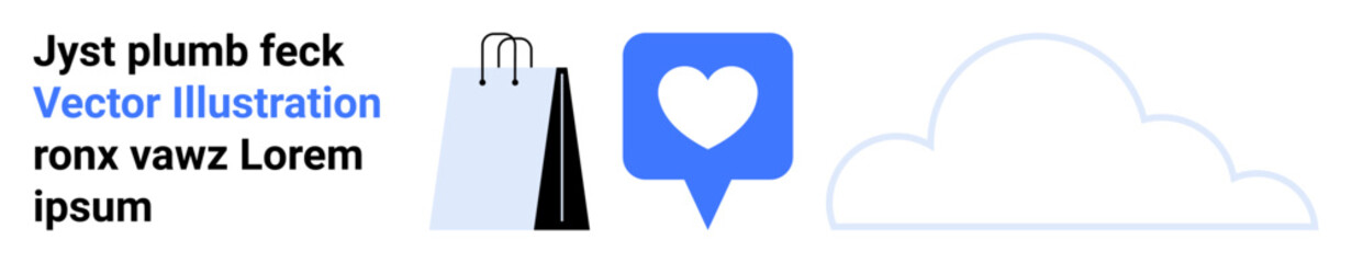 Shopping bags, heart-shaped social notification, cloud graphics symbolizing e-commerce, social engagement, and digital cloud services. Ideal for shopping, cloud storage, digital marketing, web