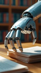 Fototapeta premium Robotic hand reaching for legal documents in a law library, symbolizing artificial intelligence, automation, and the future of legal technology and AI-driven research