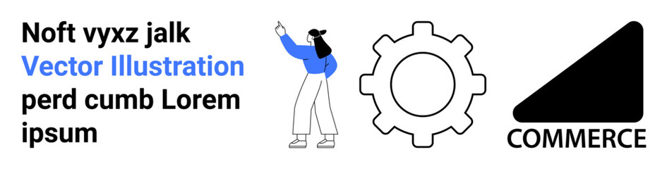 Person gesturing beside a gear icon and triangular commerce element with placeholder text. Ideal for business, marketing, teamwork, technology, UI design, analysis, and a simple landing page