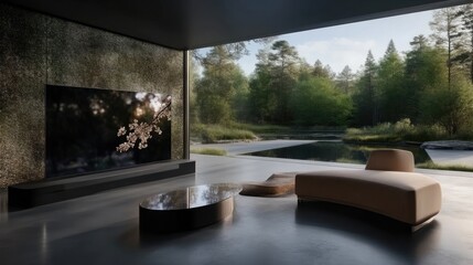 Fototapeta premium Modern living room with panoramic views. Large flat-screen TV, minimalist furniture, and a serene outdoor setting. A contemporary space with a connection to nature