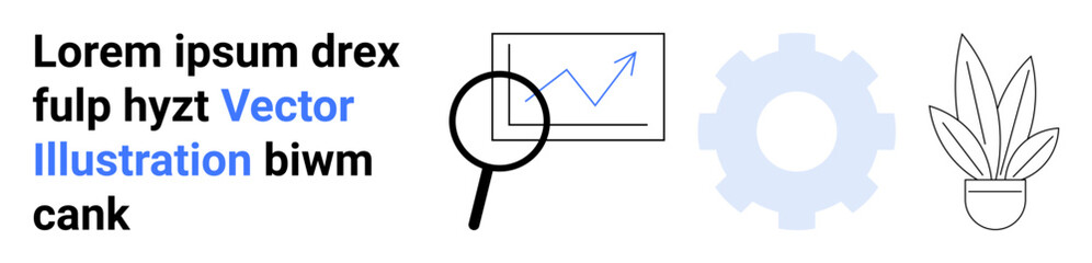 Growth chart with upward trend, magnifying glass, gear representation, and potted plant suggest analytics, productivity, engineering, and workplace environment. Ideal for tech, business data office