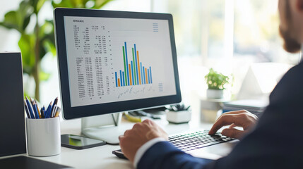 Accountant analyzing financial data on computer screen, showcasing colorful graphs and charts in modern office environment