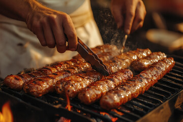 Hands Using Tongs to Cook Sausages on a Grill with Fire and Embers in Outdoor Cooking and Meat Preparation