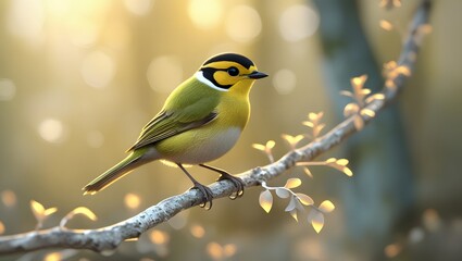 Fototapeta premium Goldcrest: A highly detailed, ultra-realistic 4K image of a tiny Goldcrest bird perched on a delicate branch. The bird has an olive-green body, a striking golden-yellow stripe on its head, and tiny bl