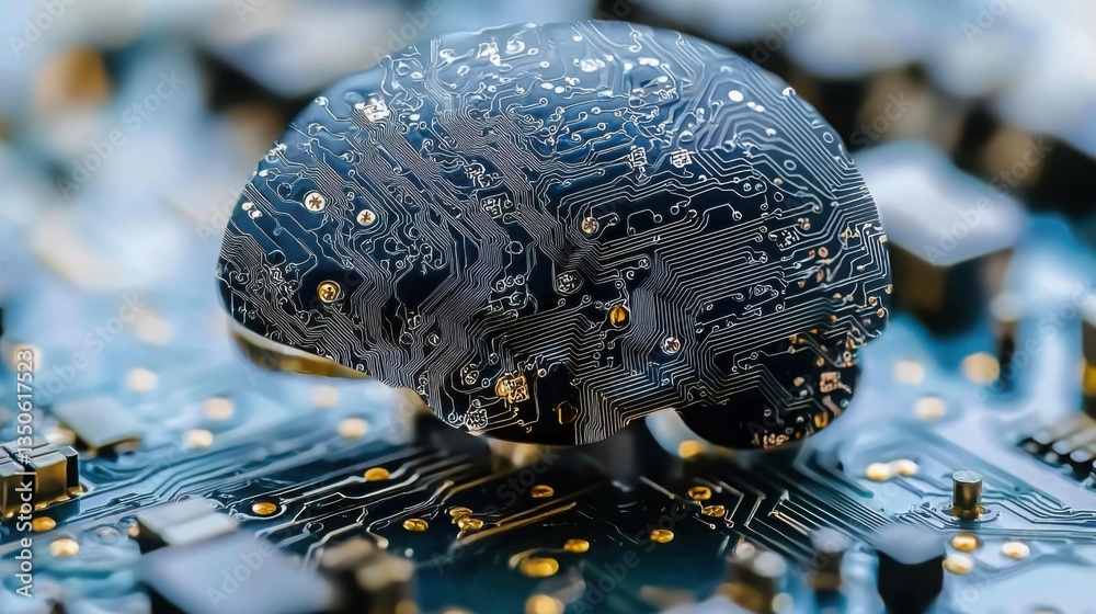 Poster a brain on a circuit board illustrating the concept of brain-computer interfaces for learning and co