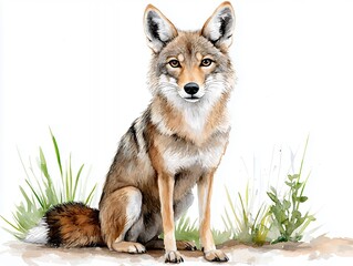 Obraz premium Detailed Watercolor Coyote Portrait Against White Background