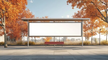 Obraz premium A modern bus stop in an urban park surrounded by autumn trees and a clear sky, ideal for advertising